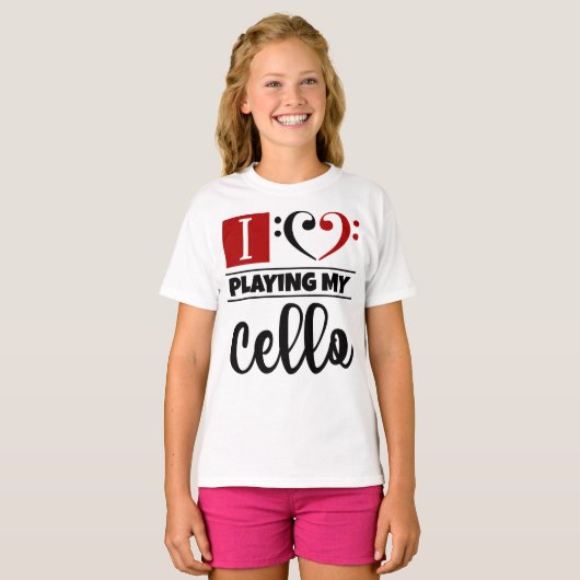 Bass Clef Heart I houdt van mijn Cello spelen T-shirt (Voorkant volledig)