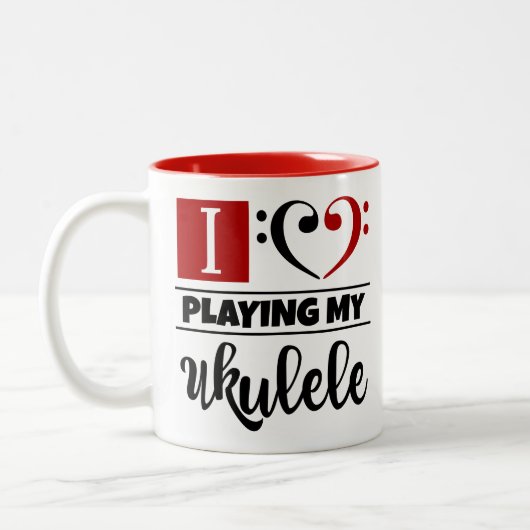 Bass Clef Heart I houdt van mijn Ukulele spelen Tweekleurige Koffiemok (Links)