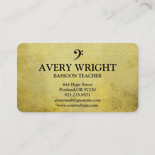 Bass Clef Music Teacher Gold & Black Professional Visitekaartje (Achterkant)