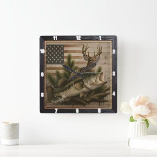 Bass Deer Amerikaanse vlag Vierkante Klok