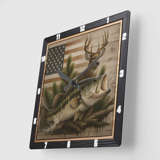 Bass Deer Amerikaanse vlag Vierkante Klok (Hoek)