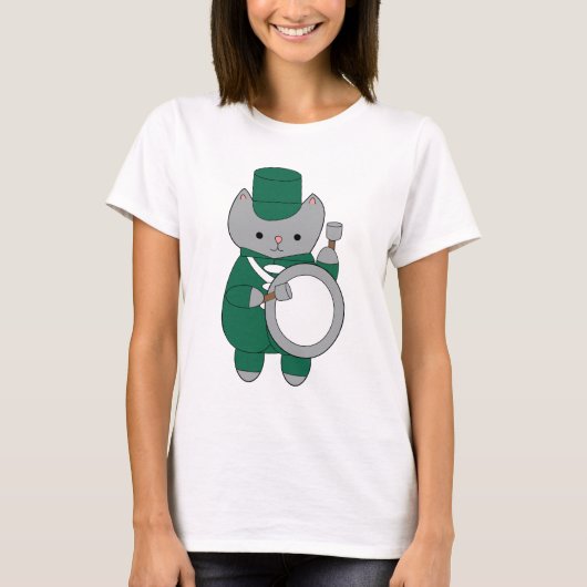 Bass Drummer Cat Marching Band Green White T-shirt (Voorkant)