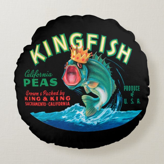 Bass Fish die een kroon op een zwarte achtergrond  Rond Kussen (Voorkant)
