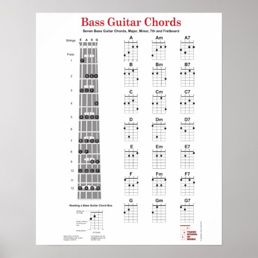 Bass Guitar Chord Fingering Chart en Fretboard Poster (Voorkant)