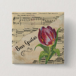 Bass Guitar Elegant Tulip  vel Music Vierkante Button 5,1 Cm