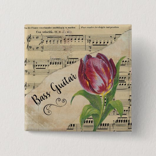 Bass Guitar Elegant Tulip  vel Music Vierkante Button 5,1 Cm (Voorkant)