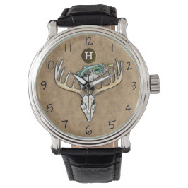 Bass Jumping over Big Rack Deer Skull Monogram Horloge