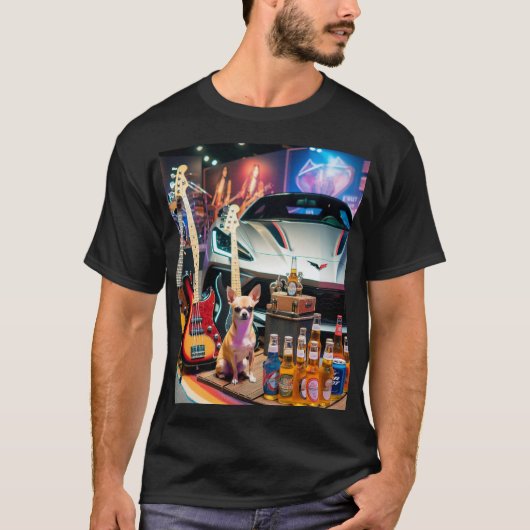 Basses, beer, a Corvette, Chihuahuas and posters. T-shirt (Voorkant)