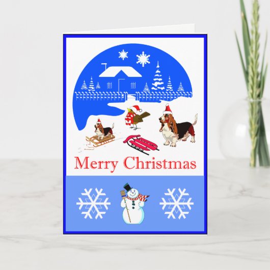 Basset en Bird Snowy Christmas Kaart (Voorkant)