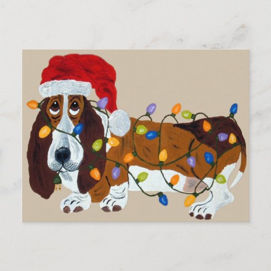 Basset gepantserd met kerstlampjes feestdagenkaart (Voorkant)