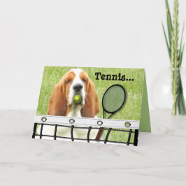 Basset Greeting Card with Tennis Racket and Ball Kaart