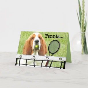 Basset Greeting Card with Tennis Racket and Ball Kaart