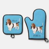 Basset hond cartoon illustratie ovenwant & pannenlap set (Voorkant)