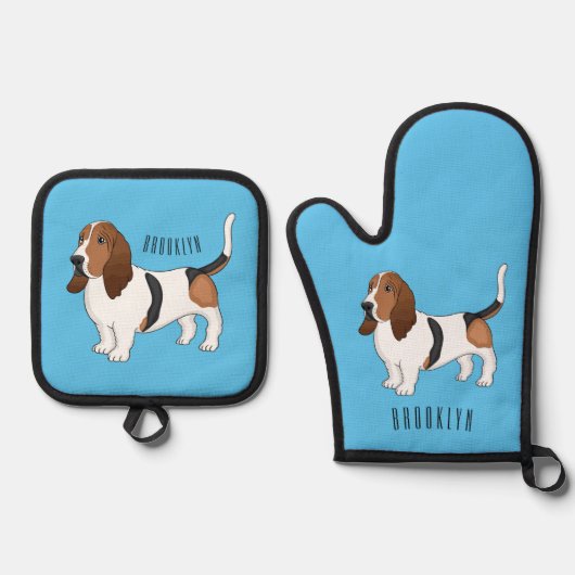 Basset hond cartoon illustratie ovenwant & pannenlap set (Voorkant)