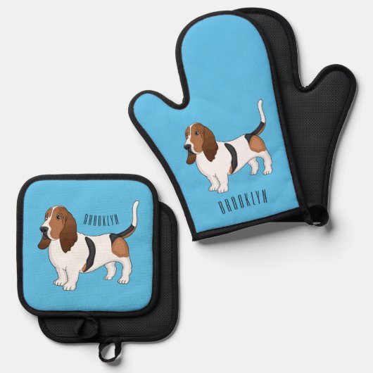 Basset hond cartoon illustratie ovenwant & pannenlap set (Voorkant / Achterkant)