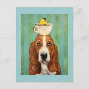 Basset hond met goudvink in briefkaart van theeopj