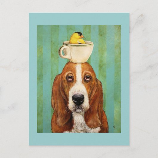 Basset hond met goudvink in briefkaart van theeopj (Voorkant)