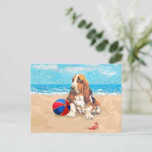 Basset Hound bij Beach Briefkaart (Staand voorkant)