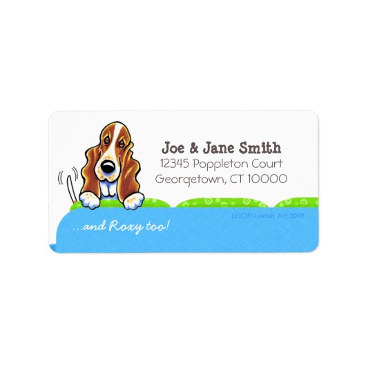 Basset Hound Blue Couch Pet Name Personated Etiket (Voorkant)