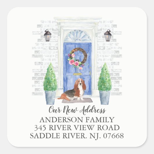 Basset Hound Blue Door Nieuw Adreslabel Sticker (Voorkant)