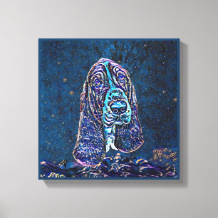 Basset hound Blue Sterrennacht Painting Style Canvas Afdruk