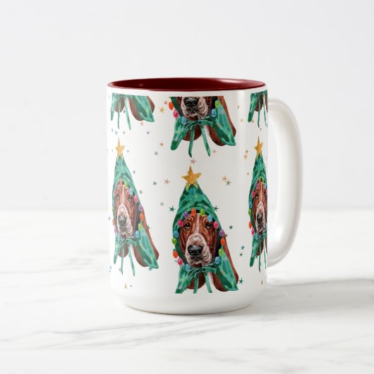 Basset Hound Breed Dog Pattern sterren Kerstmis Tweekleurige Koffiemok (Voorkant rechts)