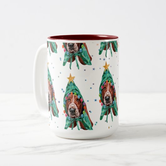 Basset Hound Breed Dog Pattern sterren Kerstmis Tweekleurige Koffiemok (Voorkant links)