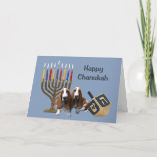 Basset Hound Chanukah Card Menorah Dreidel Feestdagen Kaart
