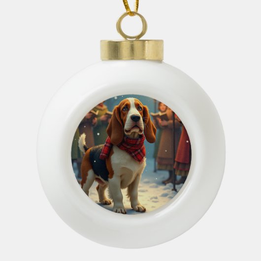 Basset Hound Christmas Carol Singers Painting Keramische Bal Ornament (Voorkant)