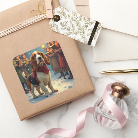 Basset Hound Christmas Carol Singers Painting Vierkante Sticker (Geschenken)