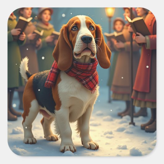 Basset Hound Christmas Carol Singers Painting Vierkante Sticker (Voorkant)