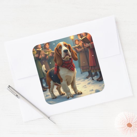 Basset Hound Christmas Carol Singers Painting Vierkante Sticker (Envelop)