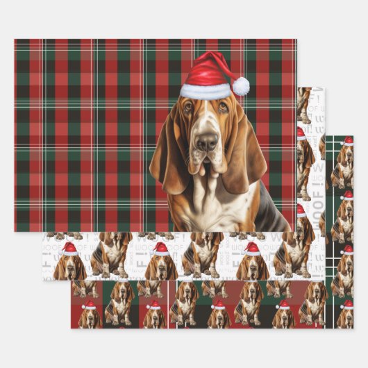 Basset Hound Christmas Dog Red Green Holiday Plaid Inpakpapier Vel (Set)