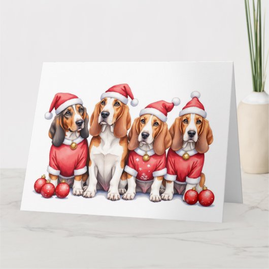 Basset Hound Christmas Dress Santa Hat Kaart (Voorkant)