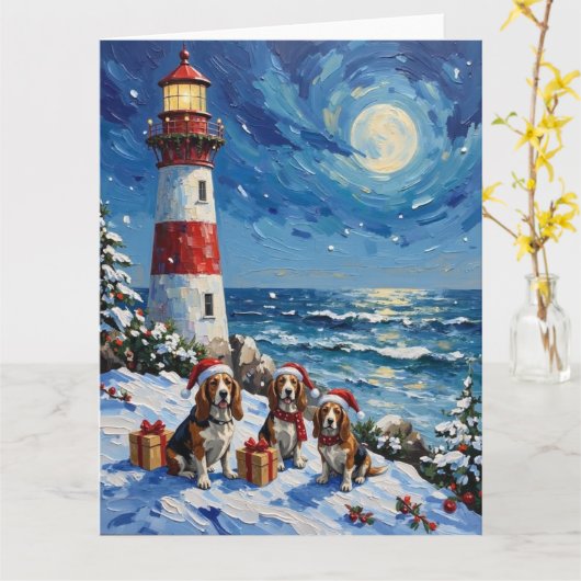 Basset Hound Christmas Lighthouse Holiday Kaart (Gele Bloem)