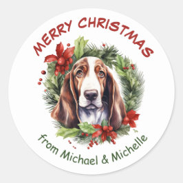 Basset Hound Christmas Poinsettia krans Ronde Sticker