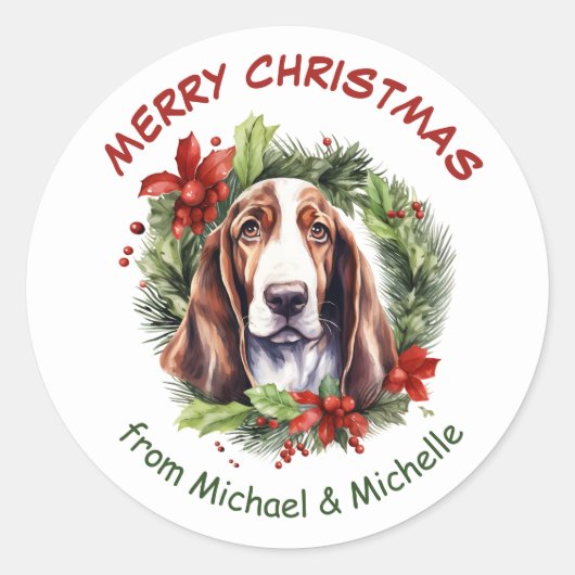 Basset Hound Christmas Poinsettia krans Ronde Sticker (Voorkant)