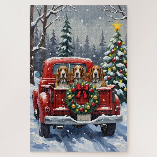 Basset Hound Christmas Red Truck Holiday Legpuzzel (Verticaal)