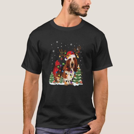 Basset Hound Christmas Reindeer Santa Hat Pajama T-shirt (Voorkant)