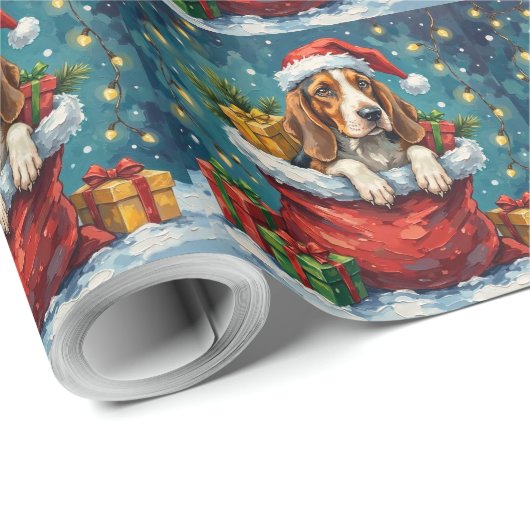 Basset Hound Christmas Santa Bag Adventure Cadeaupapier (Rol Hoek)
