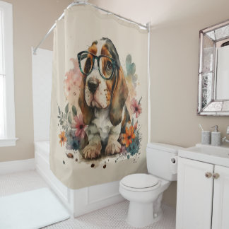 Basset Hound Cute Puppy in bril #1 Art Bathroom Douchegordijn
