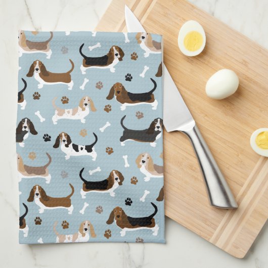 Basset Hound Dog Bones and Paws Kitchen Towel Theedoek (Quarter Fold)