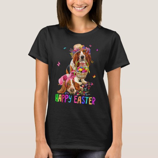 Basset Hound Dog Bunny Ears Costume Eggs Happy Eas T-shirt (Voorkant)