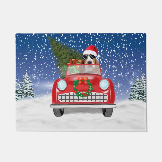 Basset Hound Dog Driving Car In Snow Christmas  Deurmat (Voorkant)