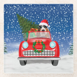 Basset Hound Dog Driving Car In Snow Christmas Glazen Onderzetter