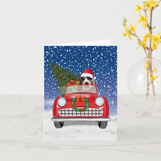 Basset Hound Dog Driving Car In Snow Christmas Kaart (Gele Bloem)
