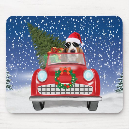 Basset Hound Dog Driving Car In Snow Christmas Muismat (Voorkant)