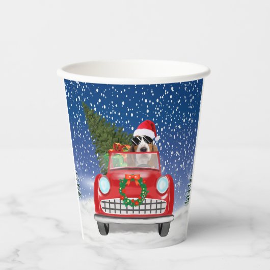 Basset Hound Dog Driving Car In Snow Christmas Papieren Bekers (Voorkant)