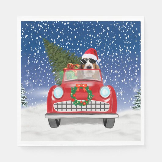 Basset Hound Dog Driving Car In Snow Christmas Servet (Voorkant)