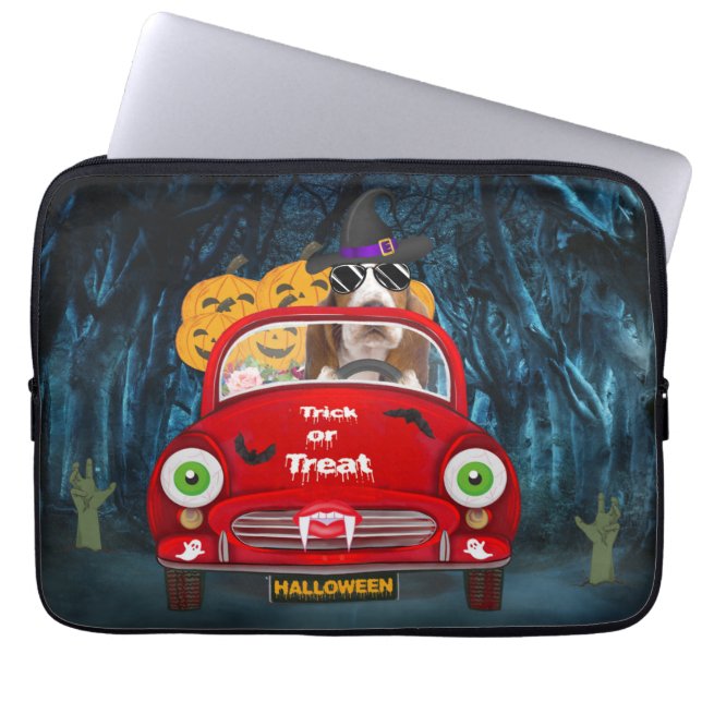Basset Hound Dog Driving Car Scary Halloween Laptop Sleeve (Voorkant)